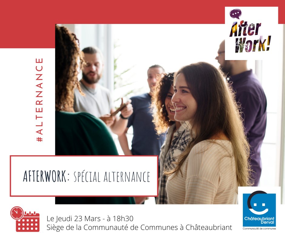 #Afterwork spécial Alternance
Vous êtes parents d'un jeune, jeune entre 15 et 30 ans, vous vous posez des questions sur votre avenir? L'#Alternance est faite pour vous? Cette soirée tentera de répondre à toutes vos interrogations. Jeudi 23 mars à 18h30 à #Châteaubriant