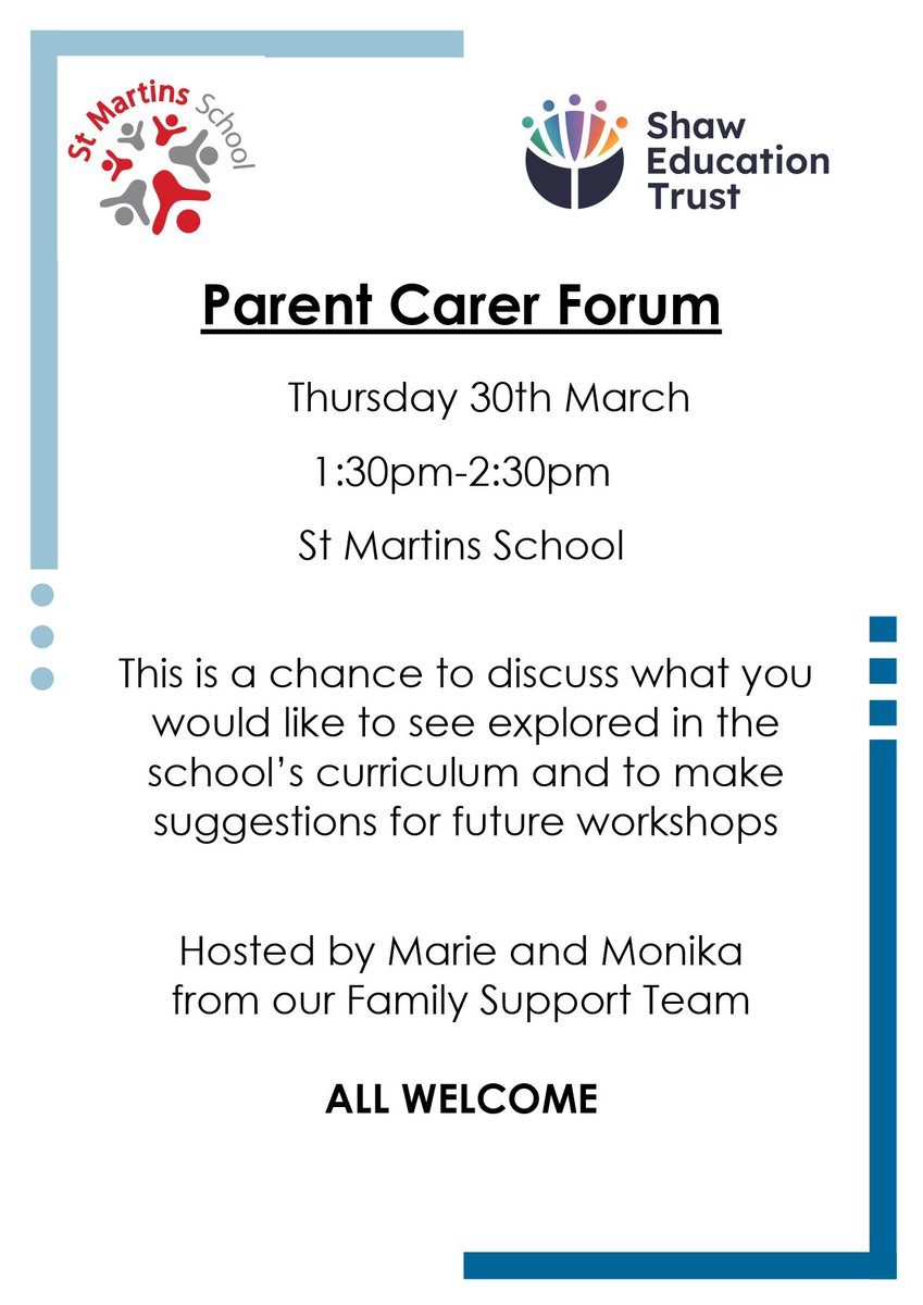 St Martins School (@stmartinsderby) on Twitter photo Would you like a chance to discuss the school’s curriculum and make suggestions for future workshops? Pop along to our next parent carer forum. All welcome Thurs 30 March 1:30 - 2:30 <a href="/StMartinsDerby/">St Martins School</a> Would you like a chance to discuss the school’s curriculum and make suggestions for future workshops? Pop along to our next parent carer forum. All welcome Thurs 30 March 1:30 - 2:30 <a href="/StMartinsDerby/">St Martins School</a>
