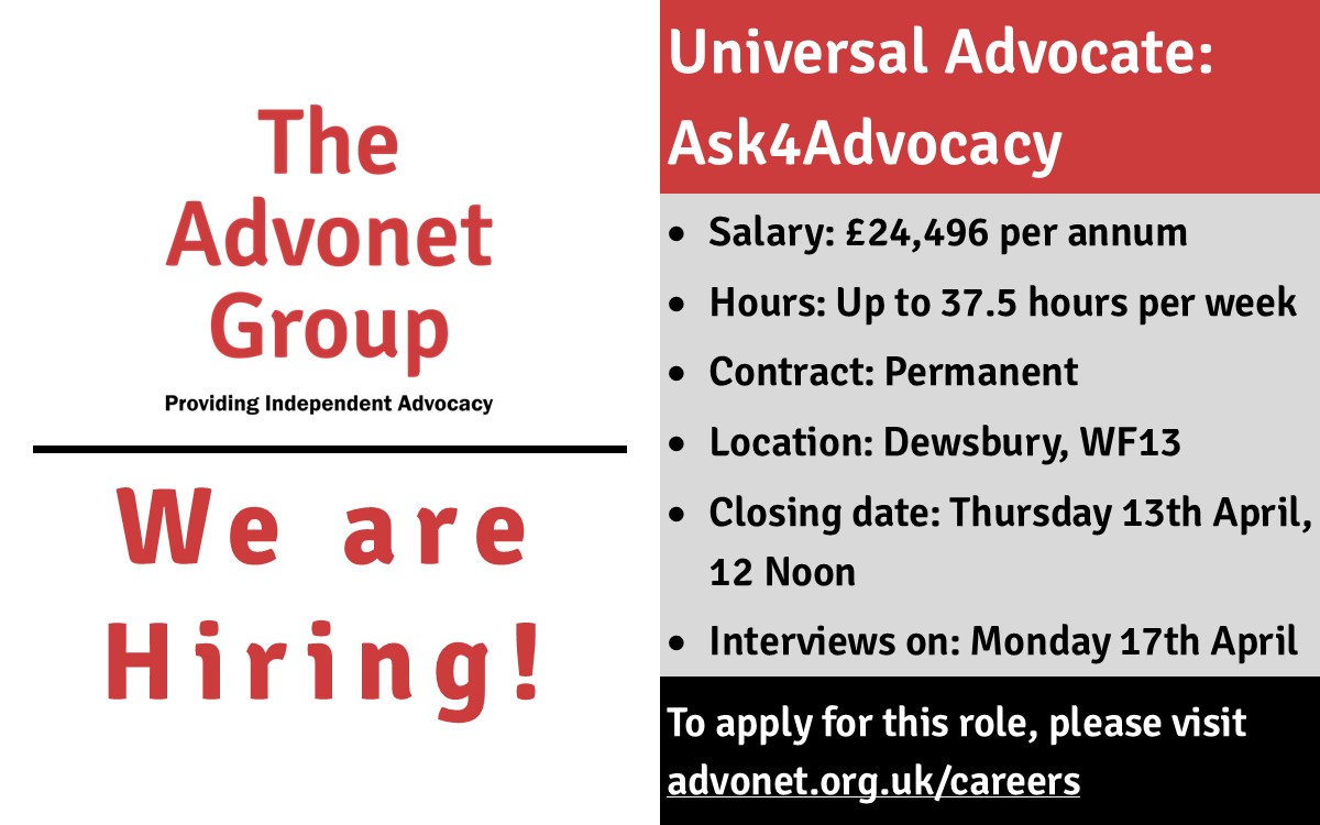 The @ASK4Advocacy team's Universal #Advocate #JobVacancy has been reopened! If you are interested in helping people in #Kirklees to be heard and to get their rights upheld, please apply here: advonet.org.uk/2023/03/13/job…