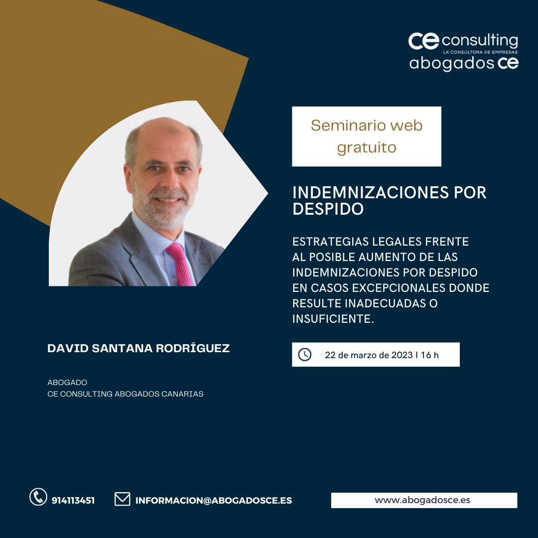💻 #webinargratuito: Indemnizaciones por despido
📝 22 marzo
🕓 16:00 hs (hora peninsular)
🗣📢 Ponente: David Santana Rodríguez
🔗 Apúntate: attendee.gotowebinar.com/register/25673…
¡¡Te esperamos!!
#abogados #abogadosce #ceconsulting #ceconsultingabogados #despidos #indemnizaciones #empresas