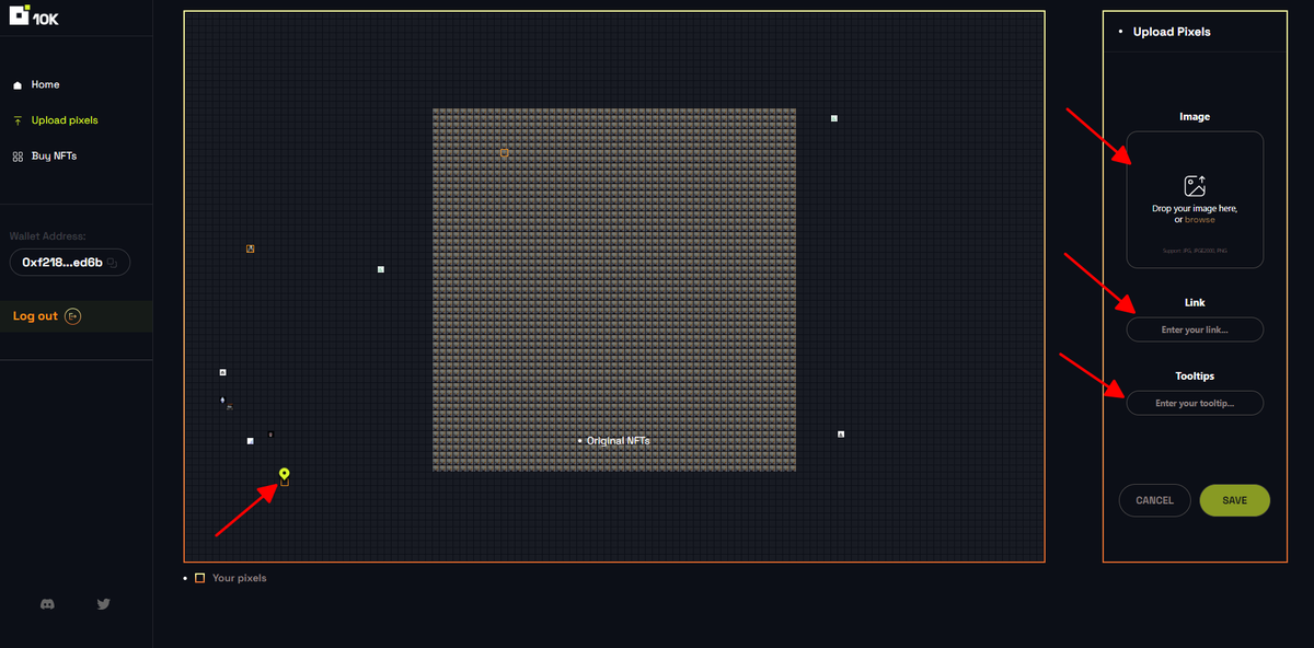 10kNFTverse's tweet photo. 👀The process of customzing your blank pixels outside the @10kNFTverse pixel map. 

- Tooltips: hover description on the map
- Custom link 

#OCULES #NFTmint #NFTCommunity #NFTGiveaways https://t.co/lLAWu2I4QT