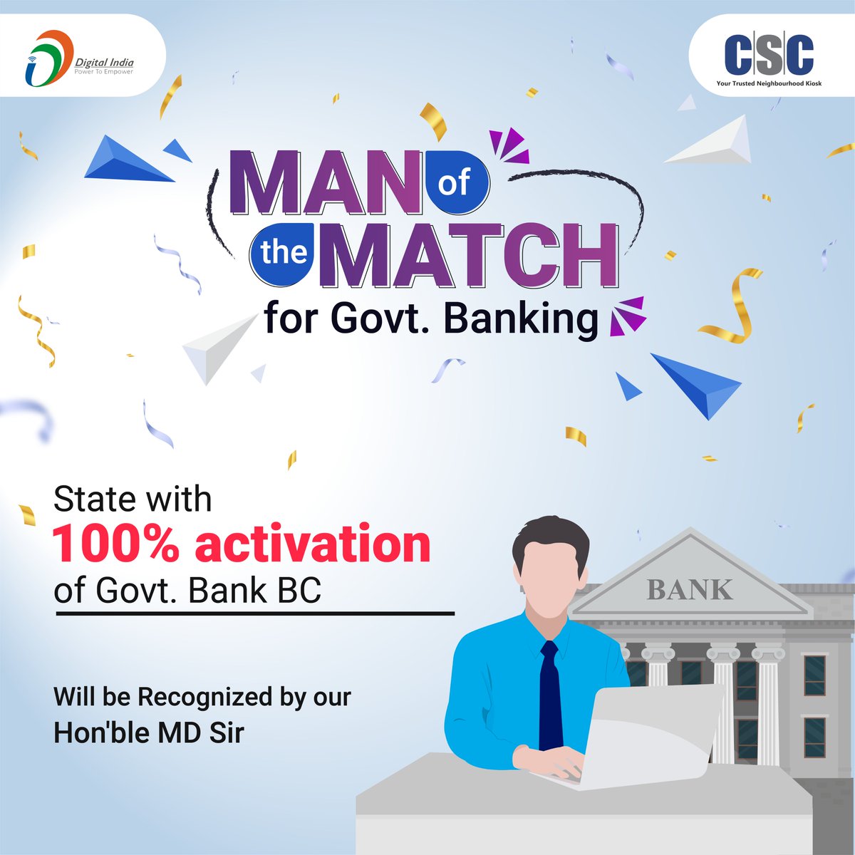 CSCegov_'s tweet image. Man of the Match for Govt. Banking...

Whichever state will have 100% activation of Govt Bank BC, that State Head will be recognized as a “#ManoftheMatch for Govt. Banking” by Respected MD Sir in the annual review meeting.

#CSC #DigitalIndia #RuralEmpowerment #FinancialInclusion
