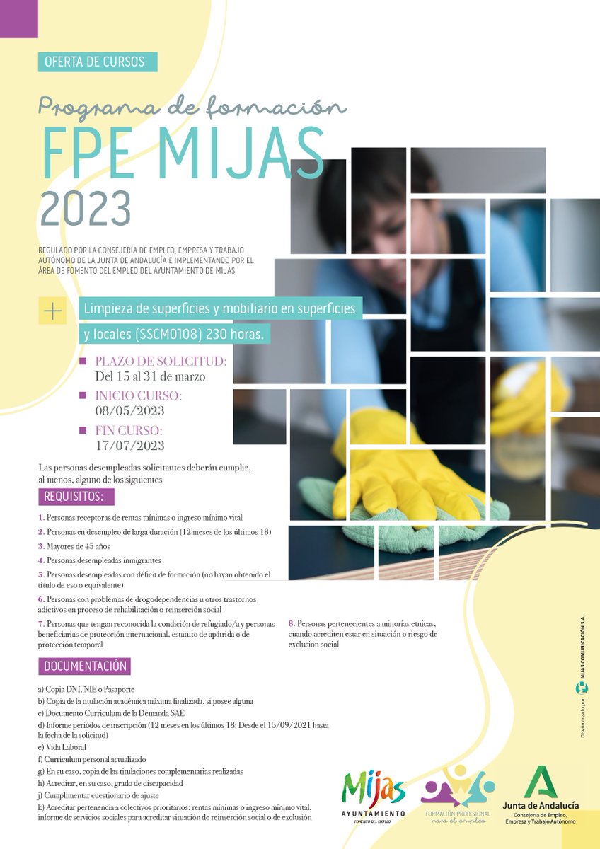 Informamos que ya tenéis disponibles los nuevos cursos de formación de Limpieza de superficie y mobiliario en superficies y locales.

¡Regístrate ya para realizar este curso!

Cualquier duda e información se resolverá en Fomento y Empleo.