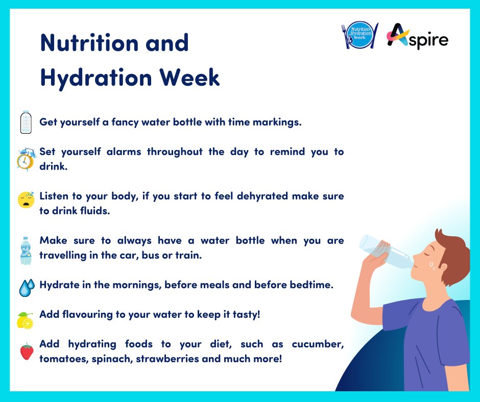 This week is Nutrition and Hydration Week.   
We would like to share our top tips on how to ensure you stay hydrated!
Keep your eyes peeled for more top tips and what we get up to over the new few days… 
#NutritionandHydrationWeek