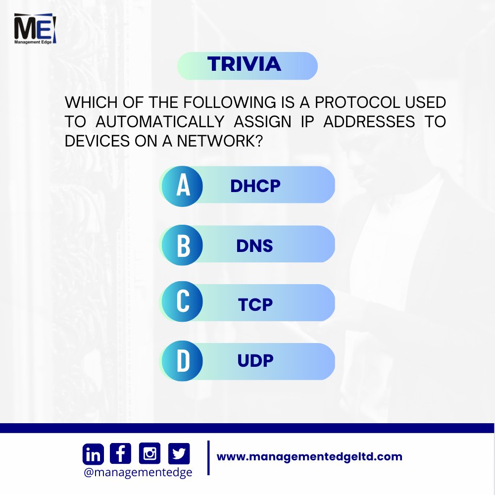 Managementedge's tweet image. 🎉 It's Wednesday Trivia time! Here's our Q: Which protocol assigns IP addresses on a network? Leave your guesses in the comments below! #ITTrivia #NetworkProtocols #IPAssignment 🤔💭