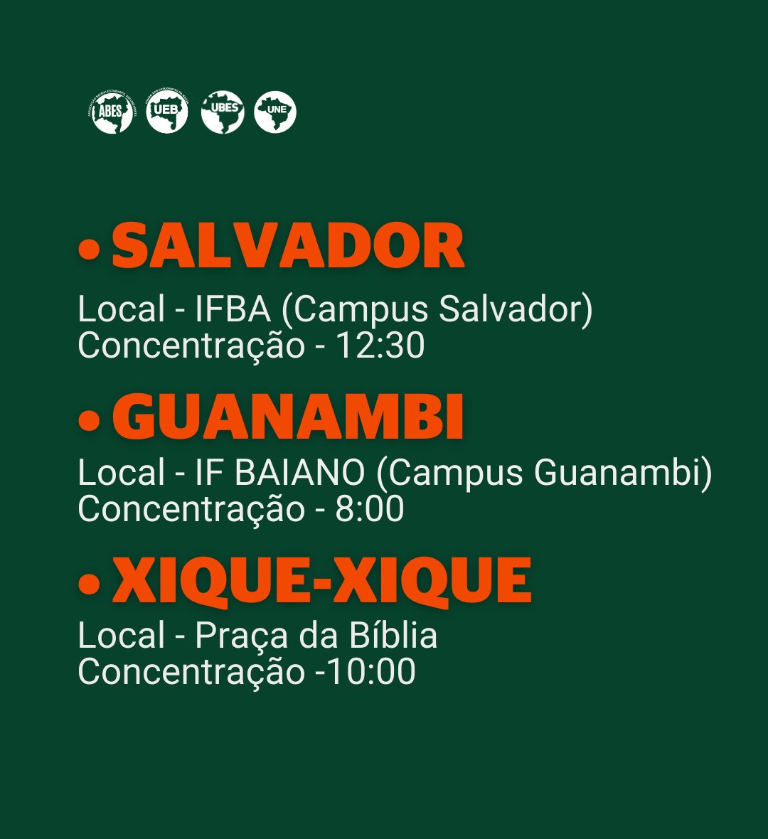 abes_oficial's tweet photo. HOJE A AULA É NAS RUAS DE TODA A BAHIA! 🔥

Confere a lista de municípios com atos confirmados pela #RevogaçãoDoNovoEnsinoMédio. https://t.co/3eHX9ECdld