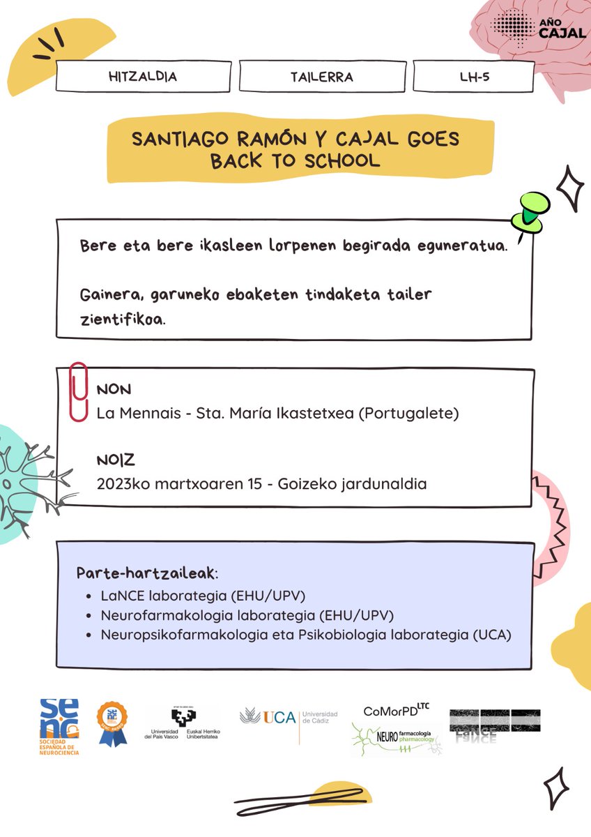 comorpd's tweet photo. Gaur, "Santiago Ramón y Cajal goes back to school"-en bigarren partea. #LaNCELab @smiportu-n dago Cajalen ondarea erakusteko LH-5-eko ikasleei. Etorkizuneko neurozientzialariak prestatzen! 🧠. CC: @Berrocoso_Lab @SENC_ #AñoCajal https://t.co/c52K2hKxlW