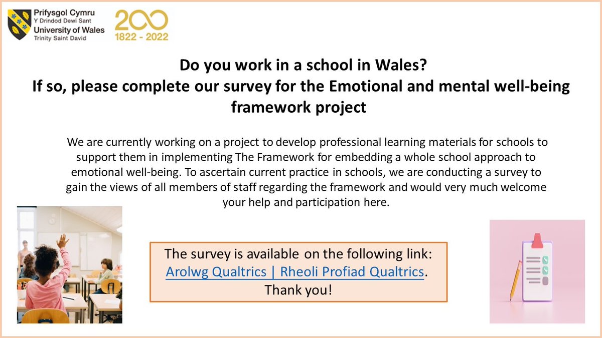 Do you work in a school in Wales? If so, please complete our survey about the WG framework for embedding a whole school approach to emotional and mental well-being. The survey is available on the following link: eur01.safelinks.protection.outlook.com/?url=https%3A%…