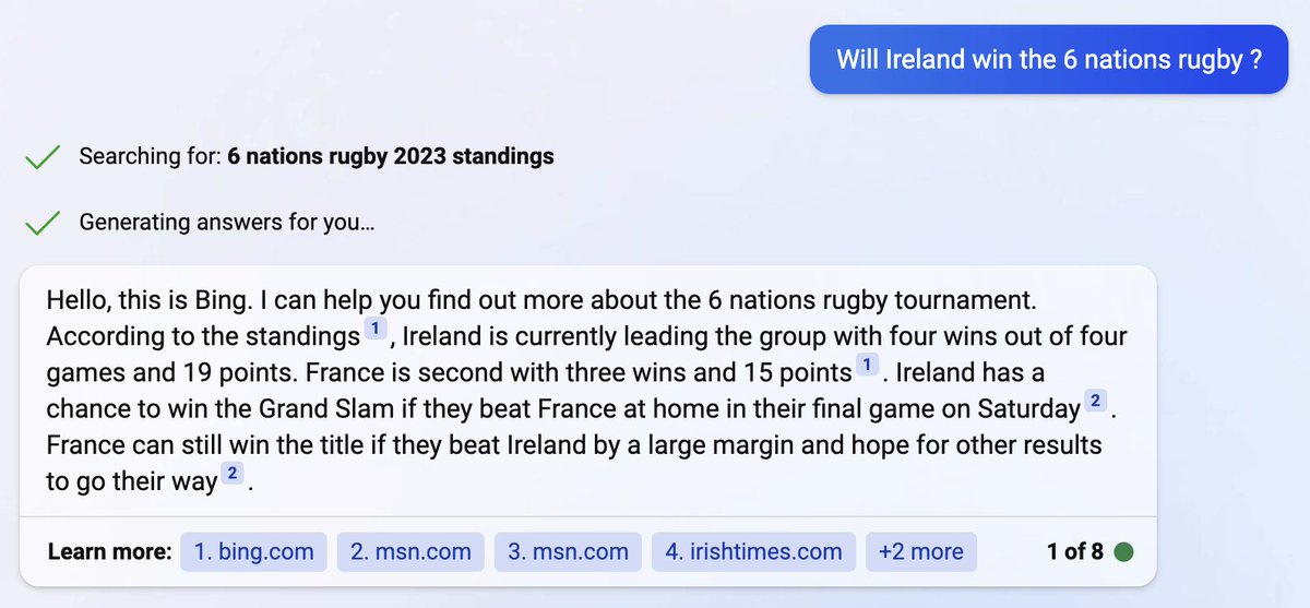 Bing / ChatGPT4 on our Grand slam chances ... 'erm :)
The thought of playing France again is a little daunting!