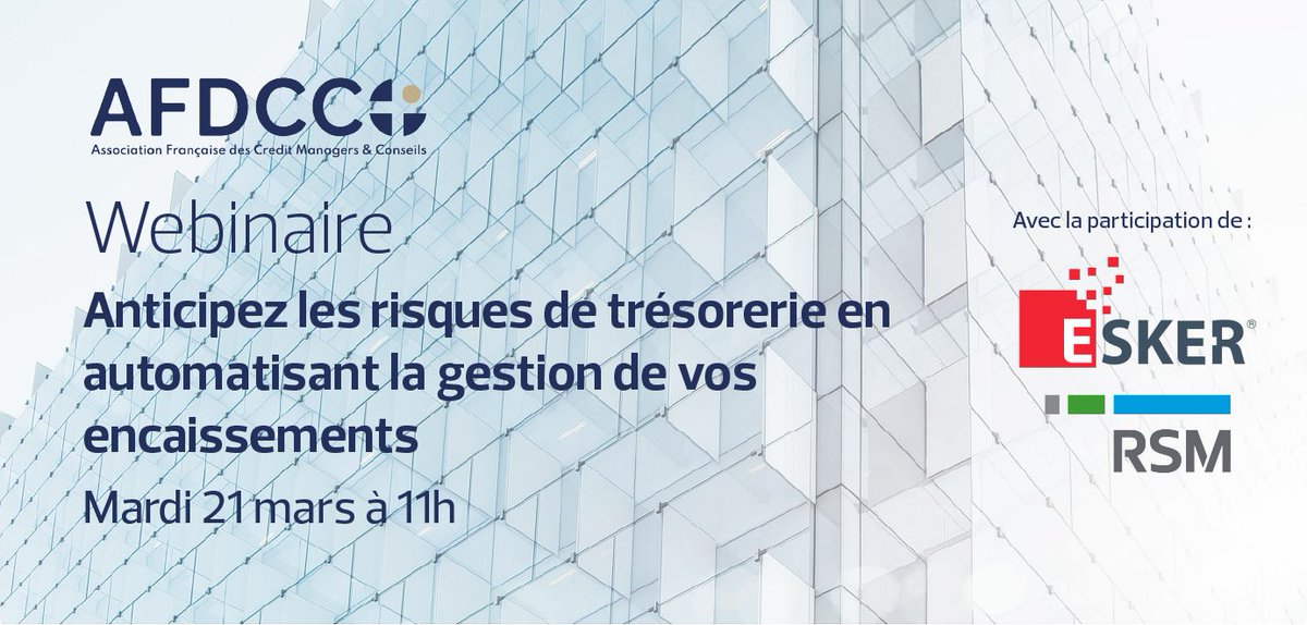 🔎Participez au webinaire de l'<a href="/AFDCC1/">AFDCC</a> en partenariat avec l'<a href="/EskerFrance/">Esker France</a>.

Découvrez comment anticiper les risques de #trésorerie en automatisant la gestion de vos encaissements. 

🗓️Rendez-vous mardi 21 mars à 11h !

Inscrivez-vous ➡️afdcc.fr/manifestation/…