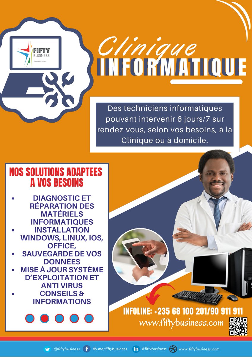 FiftyBusinessSA's tweet photo. ✅ #Diagnostic et réparation des #matériels informatiques.
✅ Installation #Windows, #Linux, #IOS, #Office.
✅ Sauvegarde de vos données.
✅ Mise à jour système d'exploitation et #antivirus.
✅ Conseils &amp; #formations.2/2

Infoline: +235 68 100 201/90 911 911 https://t.co/NjOXwy6Y8s