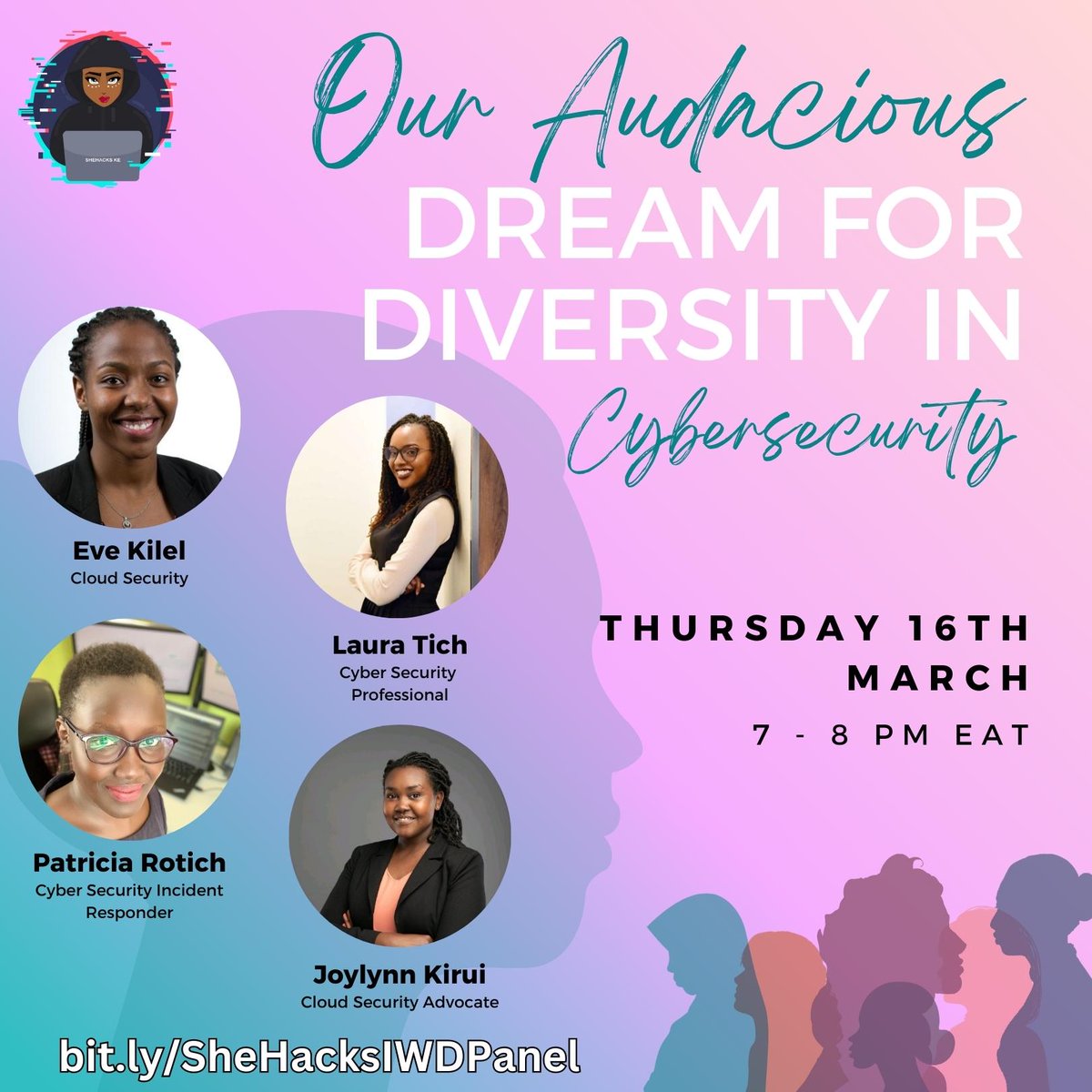 shehacks_ke's tweet photo. Join us tomorrow at 7PM EAT for our @shehacks_ke IWD Panel on Our Audacious Dream for Diversity in Cybersecurity with a panel of our founders &amp; founding members as we discuss the current reality of women in the cybersec space and what we'd like to see.

https://t.co/kcPV4zuGnw https://t.co/rf6ZZhsHL8