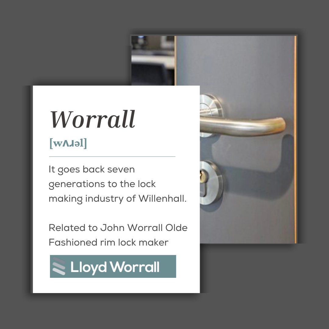 LloydWorrallUK's tweet photo. What is the origin of the name 'Worrall'? 

It goes back seven generations. Piggotts Trades Directory, 1735 says: “John Worrall Olde Fashioned rim lock maker at The Crescent Lock Works, Willenhall, Staffordshire”. 🔑

So, Lloyd Worrall really is steeped in history. https://t.co/mkoWHJV3cH