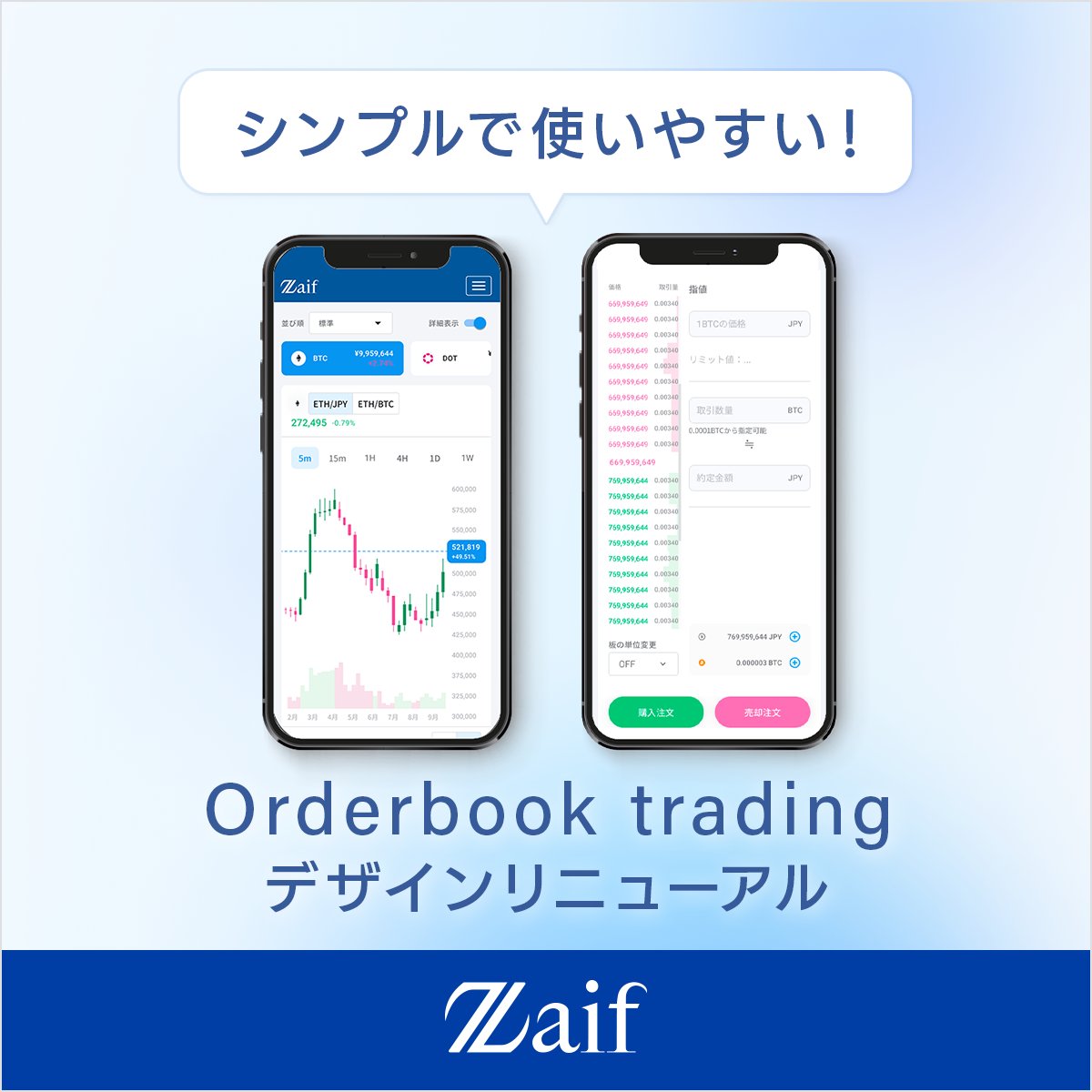 zaifdotjp's tweet image. ／
ZaifのOrderbook tradingが
デザインリニューアルしました📣
＼

シンプルで使いやすくなったOrderbook tradingをぜひ体験してください！

zaif.jp/sp/trade/btc_j…

今後ともZaif Orderbook tradingをよろしくお願いいたします。

#zaif #orderbooktrading #暗号資産