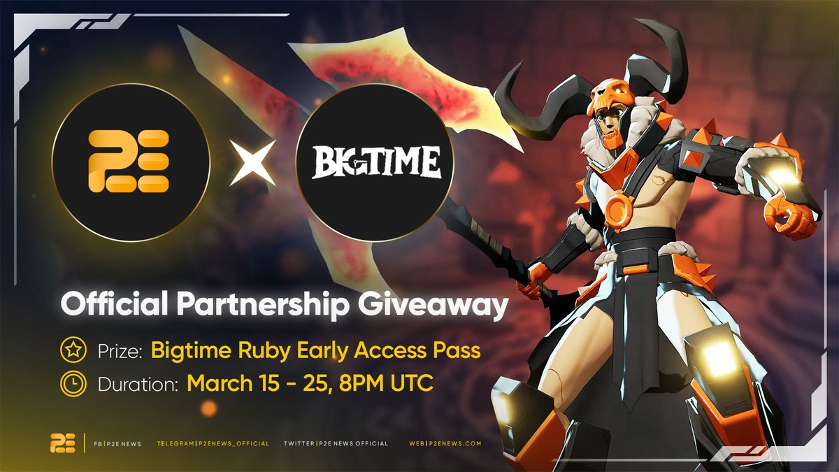 P2ENewsOfficial's tweet photo. To celebrate our partnership with Big time, we're giving away 5 Ruby Early Access Passes.

To Participate:
☑ Follow @playbigtime and @P2ENewsOfficial
☑ Tag 2 friends
☑ Like and RT

5 Winners will be drawn at 8PM UTC on March 25!
#BigTime #NFT #NFTGiveaway #Giveaway https://t.co/GKF8iqJIxs