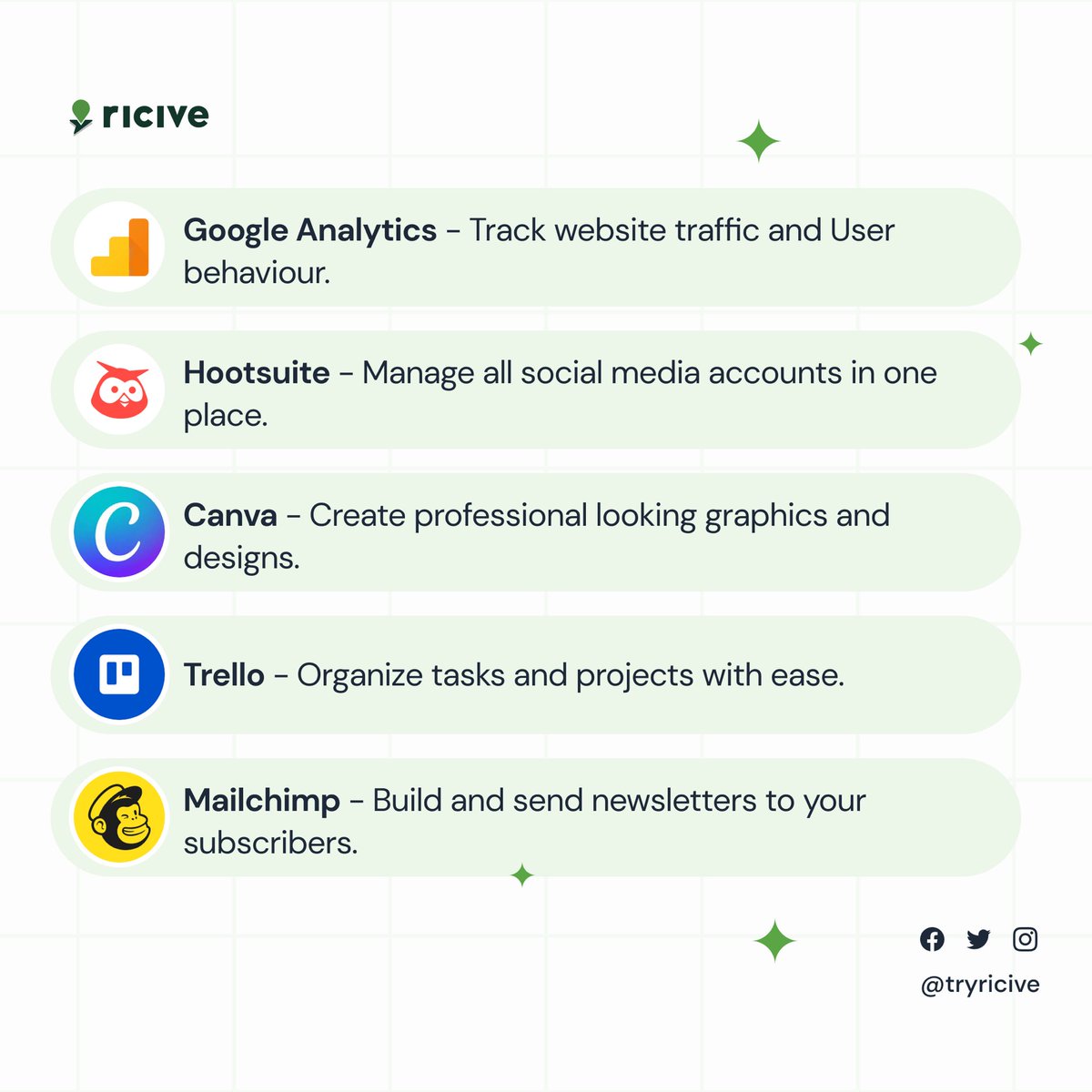 tryRicive's tweet photo. Running a business can be tough, here are five (5) free tools available that can make things a little easier.

Have you used any of these tools before? Let us know in the comments which one is your favorite! https://t.co/vKQQ0jLhuc
