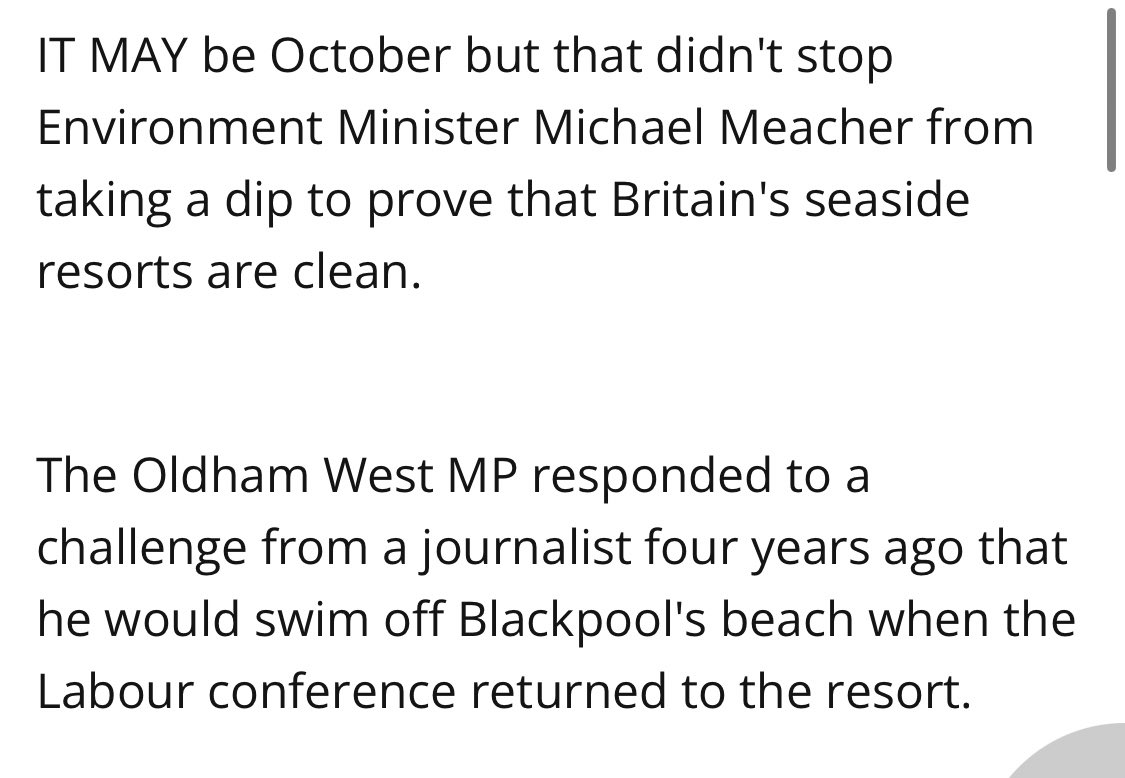 JimfromOldham's tweet photo. 20 years ago my predecessor Michael Meacher, as then Environment Secretary took to the waters at Blackpool. Celebrating the improvement under a @uklabour government.

Today warnings issued for 83 beaches across the country. It’s a disgrace. 🌊#sewagescandal 

Things must change. https://t.co/STXoFUshnQ