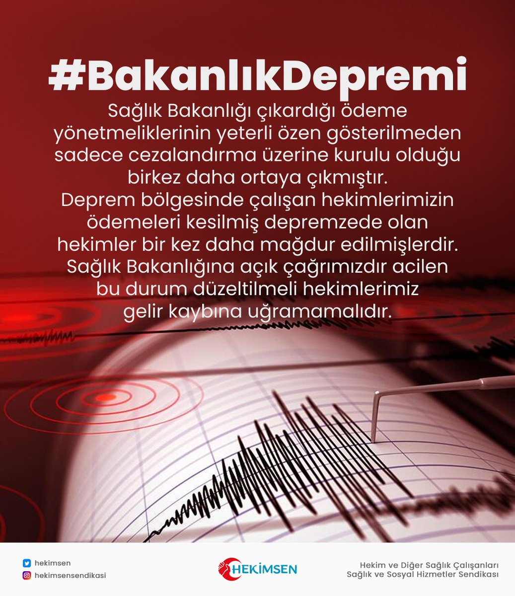 Depremzede hekimlerimizin ücret kesintilerini kabul etmiyor <a href="/saglikbakanligi/">T.C. Sağlık Bakanlığı</a> 'nı göreve davet ediyoruz.
#BakanlıkDepremi