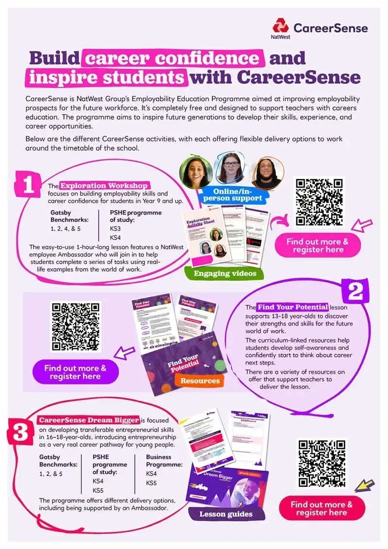 CareerSense is NatWest Group’s Employability Education Programme aimed at improving employability prospects for the future workforce. It’s completely free and designed to support teachers with careers education. 

buff.ly/3FkH61i