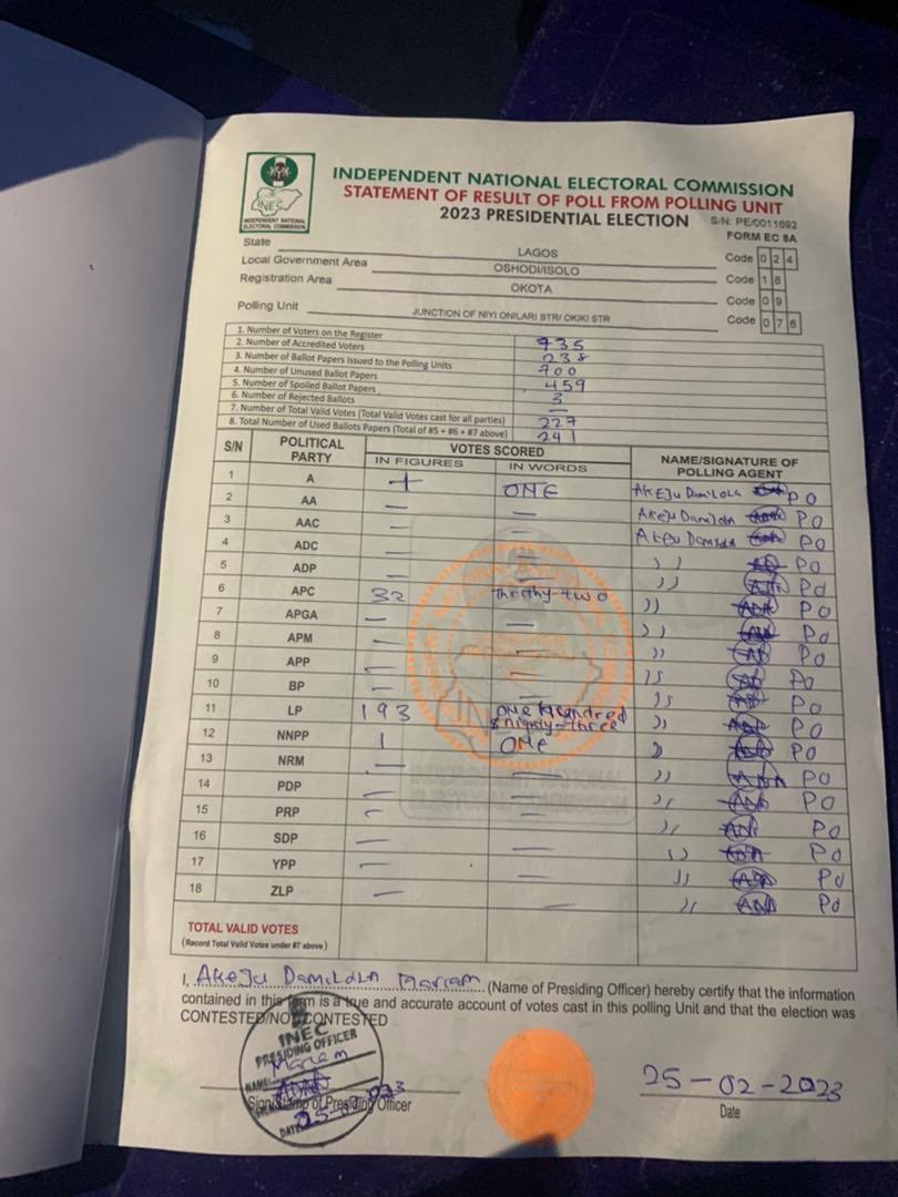 APC Lagos were asleep when Labour Party ran them street. The werey signed everywhere with PO at the end.. 😆 Obidients rigged shege comot from this general election, but I hope my APC people take extreme measures and diligence in this coming gubernatorial election.