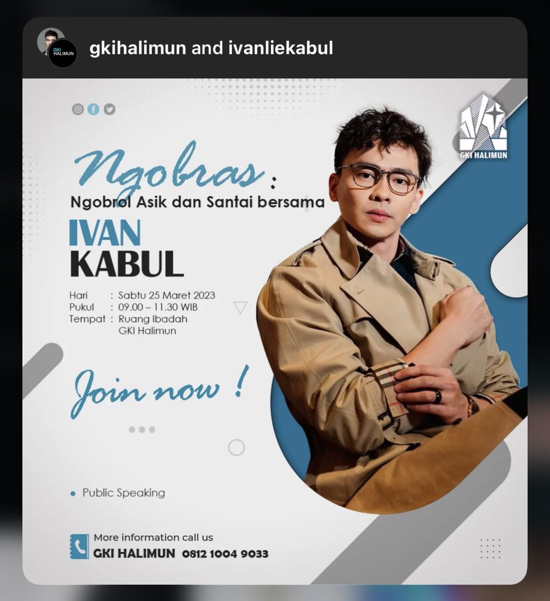 Belajar kalahkan rasa gugup bicara di depan umum &amp; makin percaya diri untuk berinteraksi terutama dalam pelayanan yuk !

Mari hadiri "NGOBRAS" : NGOBRol Asik dan Santai bersama Ivan Kabul 
<a href="/GKIhalimun/">GKI Halimun</a>