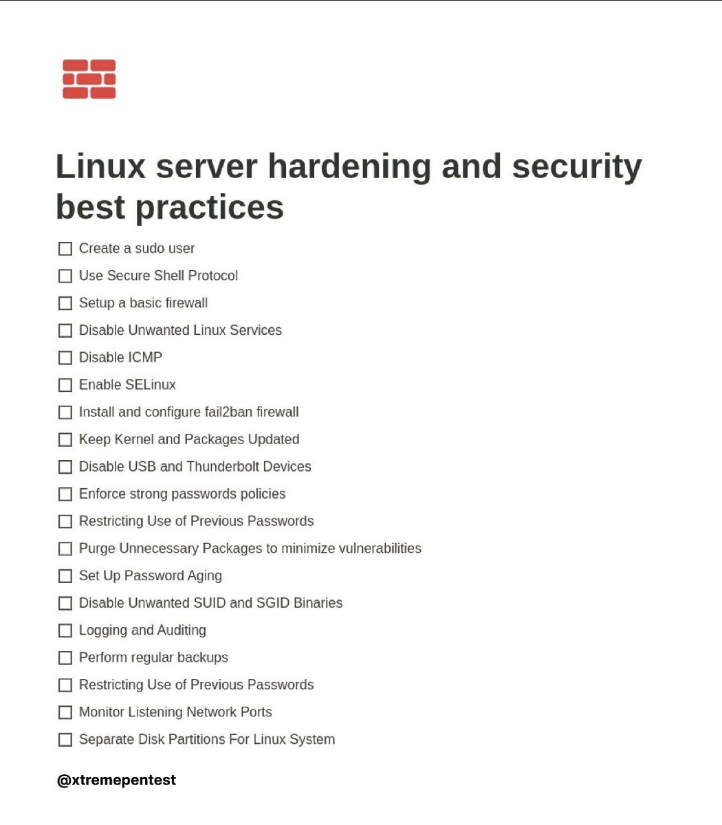 viehgroup's tweet image. Linux server hardening checklist 🐧
Additionally:
*Turn-off bash history
*Restrict to ssh keyring only
*Disable root user
* Disable password for ssh login
#linuxserver #linuxsystemadministration