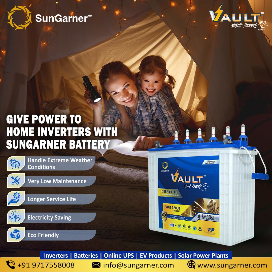 sungarnersolar's tweet photo. Say bye-bye to battery issues with SunGarner Tubular Inverter Battery that is better equipped and has a longer service life for long power backup needs.
Get Quotation Now For Solar & Power Backup Products.
Contact us:- +91-9717558008
#SunGarner #SunBee #PowerMac #VaultBattery https://t.co/jDTrMcGfy5