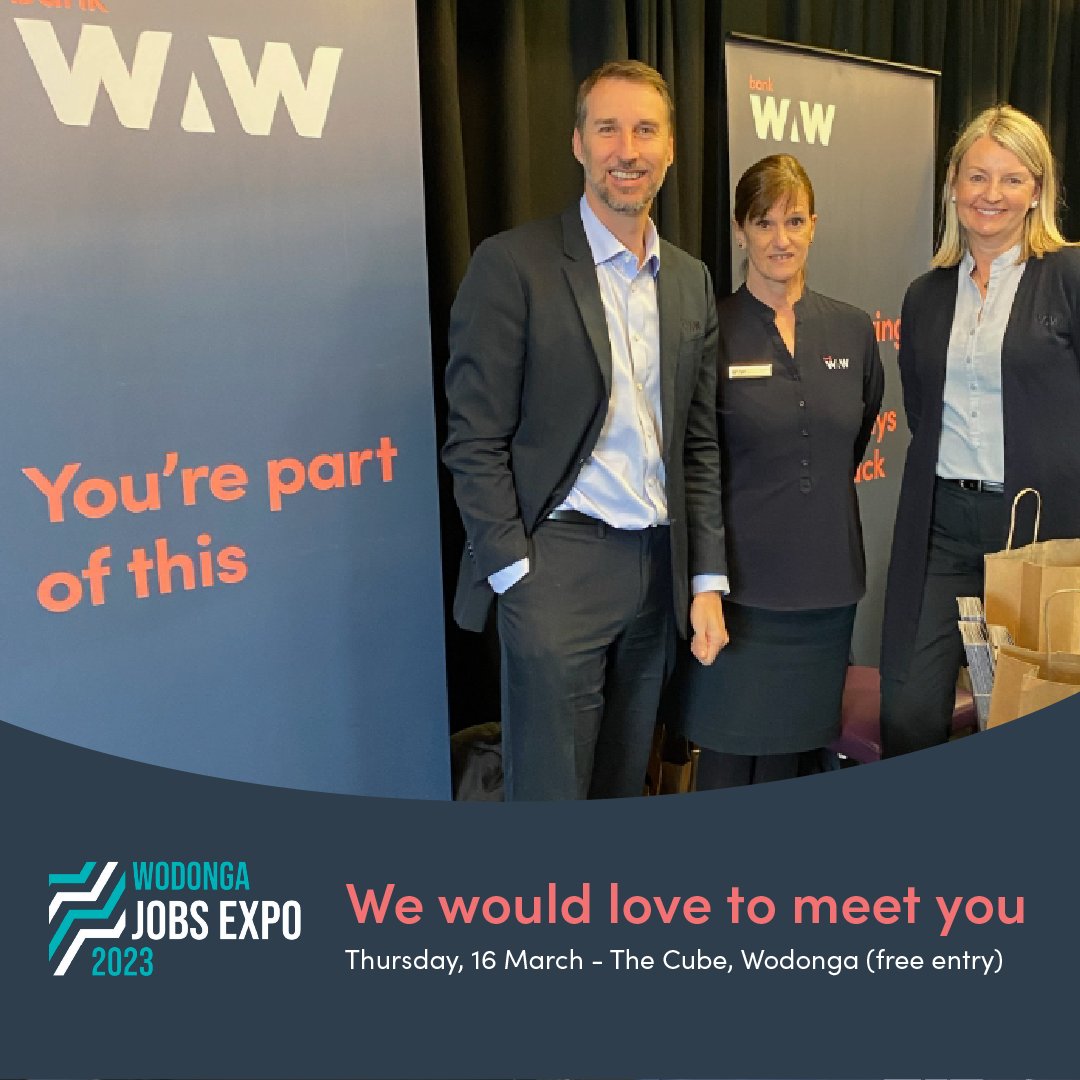 We would love to meet you if you are attending the Wodonga Jobs Expo at The Cube tomorrow! 
Several people from BankWAW will be there to tell you how wonderful working for a customer-owned, community bank can be! 
For more info, visit bit.ly/3F4YVRL.