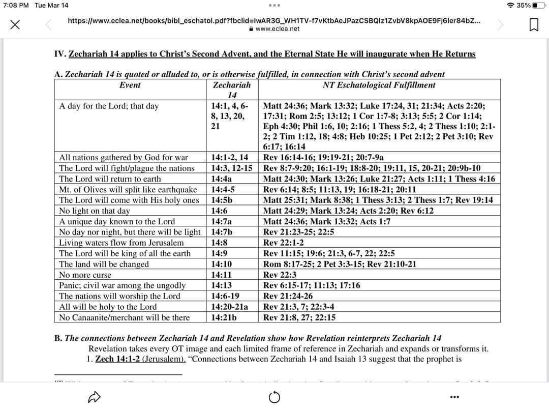JThwagi's tweet photo. A short chart excerpt from Jonathan Menn showing how Revelation interprets Zechariah 14 (a small portion), from an amillennial perspective.
If one did the whole of Zechariah from an amillennial framework, it would require a book, and a sweet one to read at that π
#DatAmill https://t.co/z7dgpFBd4z
