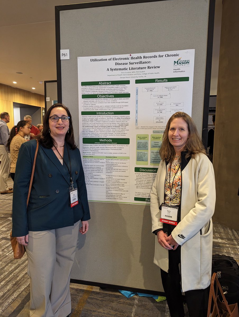 kerrywvu's tweet photo. Excited to catch fellow George Mason Informatics PhD student, Elina Guralnik, in Seattle for her poster on the state of chronic disease surveillance in the US! #AMIASummit #IS23 #AMIA https://t.co/xr71XW1es1
