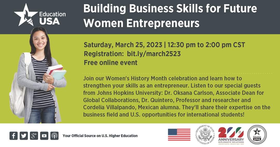 ChuyLeyvaQ's tweet image. 🗣️Join @educationusa to celebrate Women’s History Month in their online event!🙌🏼
➡️Learn more about the speakers and register today at bit.ly/march2523

 #WomenEntrepreneurs #StudyinUS