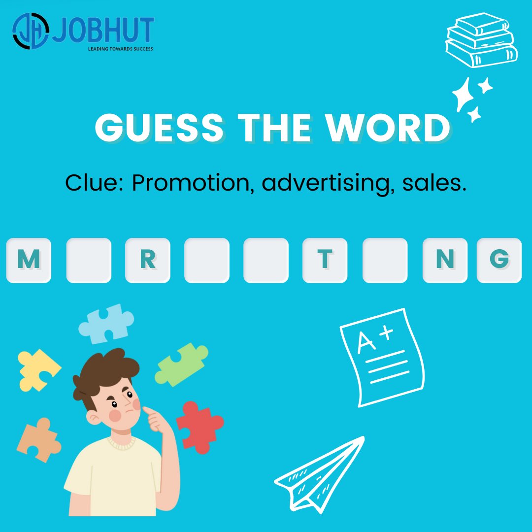 Let's put your guessing skills to the test!

#myjobhut #guesstheword #puzzle #quiz #CorporateQuiz #jobsearch #jumblewords #dailyquiz #jobsindelhi #jobopportunity #jobs #jobsinindia #ilovemyjob #hiringpost #hiring #hiringalert #career #candidates #careersearch #companies #employee