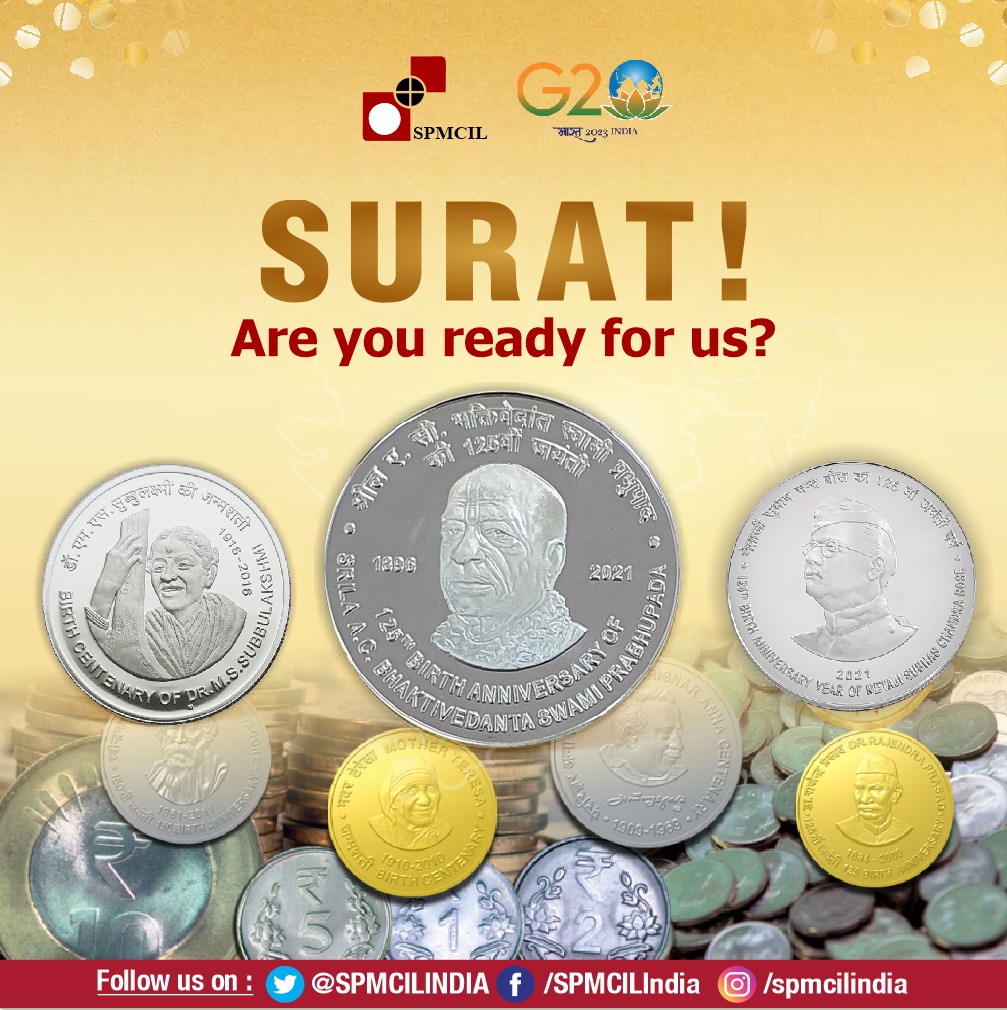 SPMCILINDIA's tweet photo. India Government Mint is coming to Surat. So all you coin collectors and enthusiastic, get ready and be amazed with our collection. Visit us at Coinex from 31st March to 2nd April 2023

#CoinExhibition #Surat #ExclusiveCoins #CoinCollection https://t.co/V6UlZsTAcz