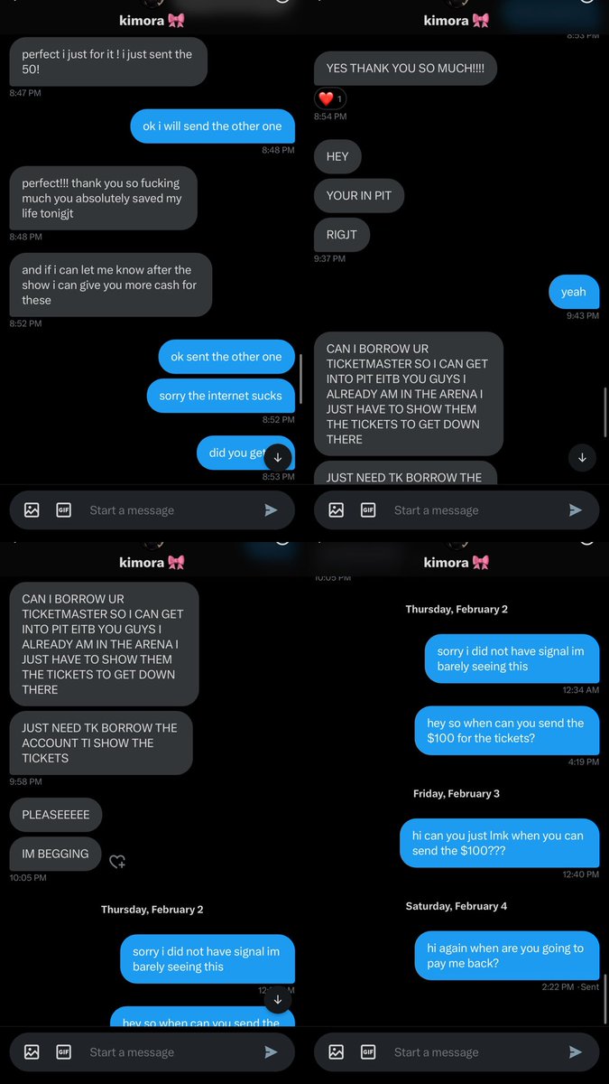 almightyhslot's tweet photo. you stopped responding to my dms so here’s me calling you out for not paying me back for the two harry styles tickets that me and diane sold to you on february 1st. im tired of you acting like you are going to pay

twitter- @withstyIe 
tiktok- kimoranelaya 
insta- kimorahollis https://t.co/13OXtPbTjh