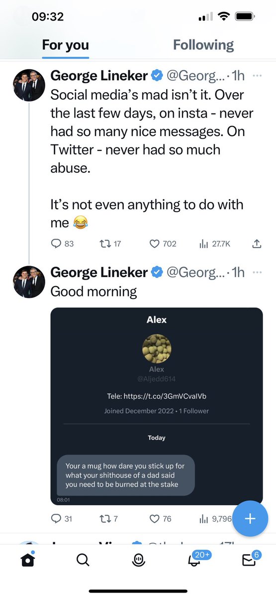 tammilne61's tweet photo. This is a snippet of the abuse #garylinaker & his son George are getting from these people moaning about them be blocked from following this Dad & son. Claiming they are shutting down their free speech. Abuse is just that abuse. https://t.co/vyvzcStshx