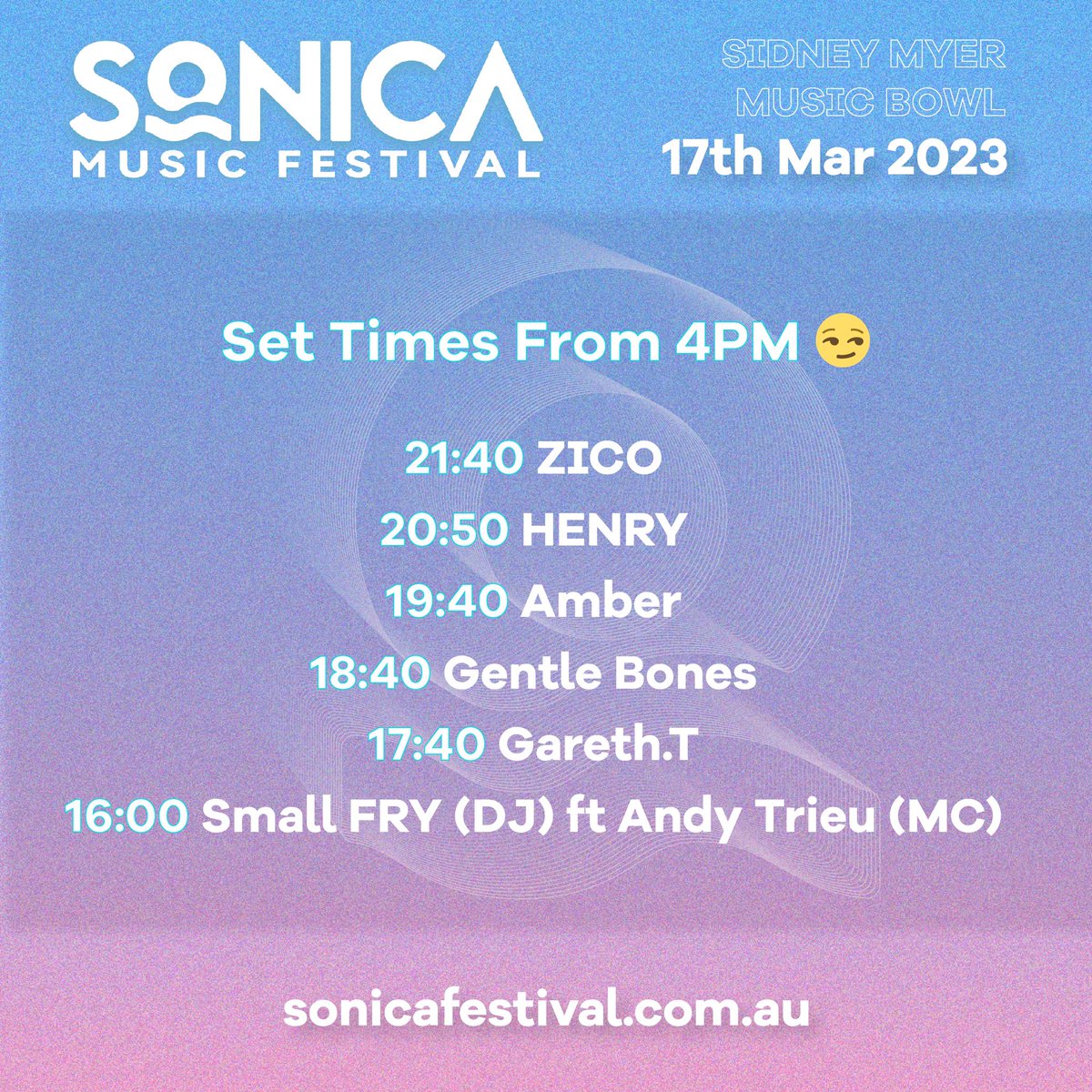 It’s Set times 😏

We’re so pumped up to see all our incredible artists take the stage at #sonicamusicfestival 💯

Check out our playlist on Spotify and get hyped for March 17th!

#SONICA tickets available via Ticketek

#melbourneevents #AsianPop #Kpop #MelbourneFestivals