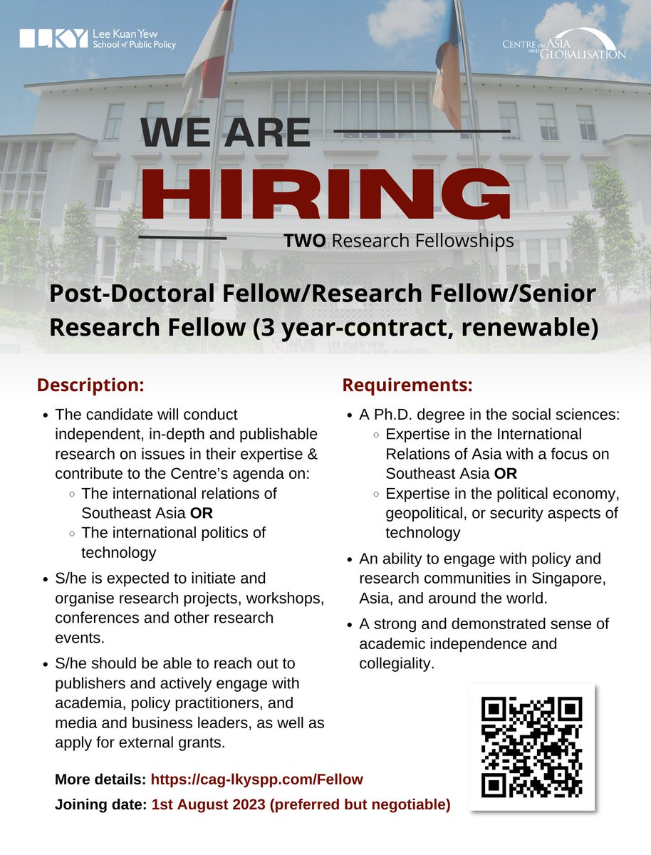 Centre on Asia and Globalisation (@cag_lkyspp) on Twitter photo 📢 JOB OPPORTUNITY 📢 The Centre on Asia and Globalisation <a href="/LKYSch/">Lee Kuan Yew School of Public Policy</a>, <a href="/NUSingapore/">NUS</a> has opened applications for TWO research fellowships in the fields of International Relations (focus on Southeast Asia) and International Politics of Technology. Learn more: lkyspp.nus.edu.sg/cag/jobs-at-ca… 📢 JOB OPPORTUNITY 📢 The Centre on Asia and Globalisation <a href="/LKYSch/">Lee Kuan Yew School of Public Policy</a>, <a href="/NUSingapore/">NUS</a> has opened applications for TWO research fellowships in the fields of International Relations (focus on Southeast Asia) and International Politics of Technology. Learn more: lkyspp.nus.edu.sg/cag/jobs-at-ca…