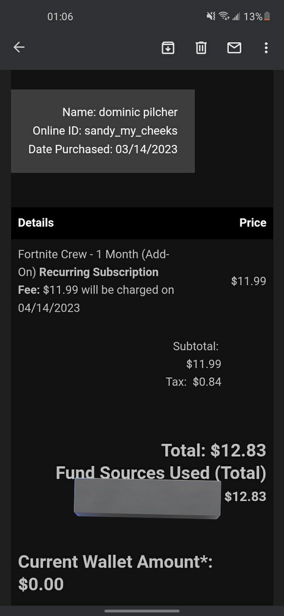 DominicPilcher's tweet photo. @FortniteStatus it got paid for yet I got no v-bucks, no battle pass, or no skin. What am I supposed to do because its gonna charge me next month too and it probably won't give me it then. https://t.co/HRvM9fCDSx