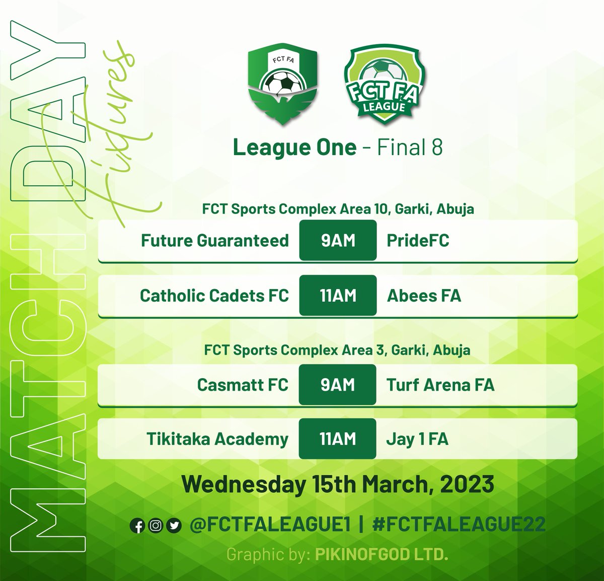 ApostlePikin's tweet photo. FCT FA LEAGUE 2022 today's fixtures

Group A
#FutureGuarnateed  v  #PrideFC - 9am
#CatholicCadets v #AbeesFA - 11am

🏟️ Old Parade Ground

Group B
#CasmattFC v #TurfArena - 9am
#Tikitaka v #Jay1FA - 11am

🏟️ Old parade ground

#FCTFALeague
#AbujaTwitterCommunity https://t.co/wgBsXG5Df5