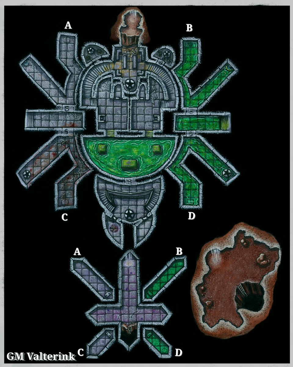 The cross sits below the spider temple, the gateway lies below the statue in the center room. The cavern is below the cross, the access is located in the chasm at the southern point of the cross.
Hi-res available for free for personal use in ko-fi!
#battlemap #5e #dnd