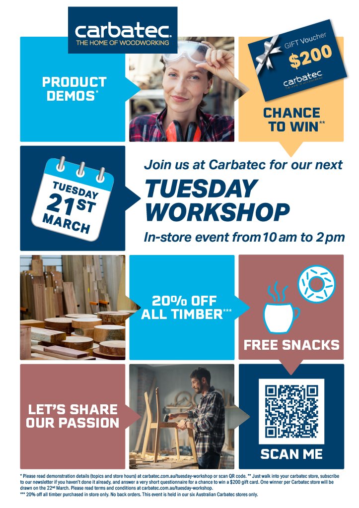 Coronavirus was tough on in-store events. We want to welcome them back and celebrate our love for wood again. Come into your local <a href="/Carbatec/">Carbatec</a> store on 21 March, 10 am - 2 pm. We have some fun set up for you. #tuesdayworkshops #woodworking