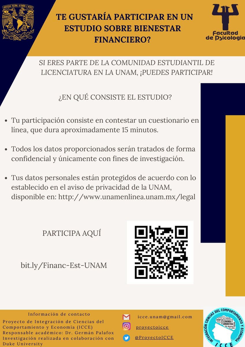Hola comunidad estudiantil de 
<a href="/unam_psicologia/">Facultad de Psicología de la UNAM</a>

Te invitamos a participar en esta investigación sobre bienestar financiero

Puedes responder el cuestionario aquí: 
bit.ly/Financ-Est-UNAM

#apoyoalainvestigación