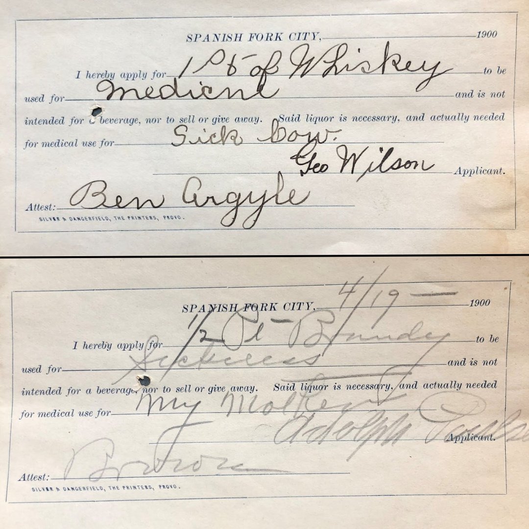 UtahArchives's tweet photo. A pint of whiskey for a sick cow + a quart of brandy for an ailing mother were some of the reasons Spanish Fork citizens sought exceptions from the city-wide prohibition of alcohol in 1900! Learn more from Local Govt Specialist @SteedHeidi in this blog: https://t.co/6l4iJYurSR https://t.co/NPLqfUvMzj