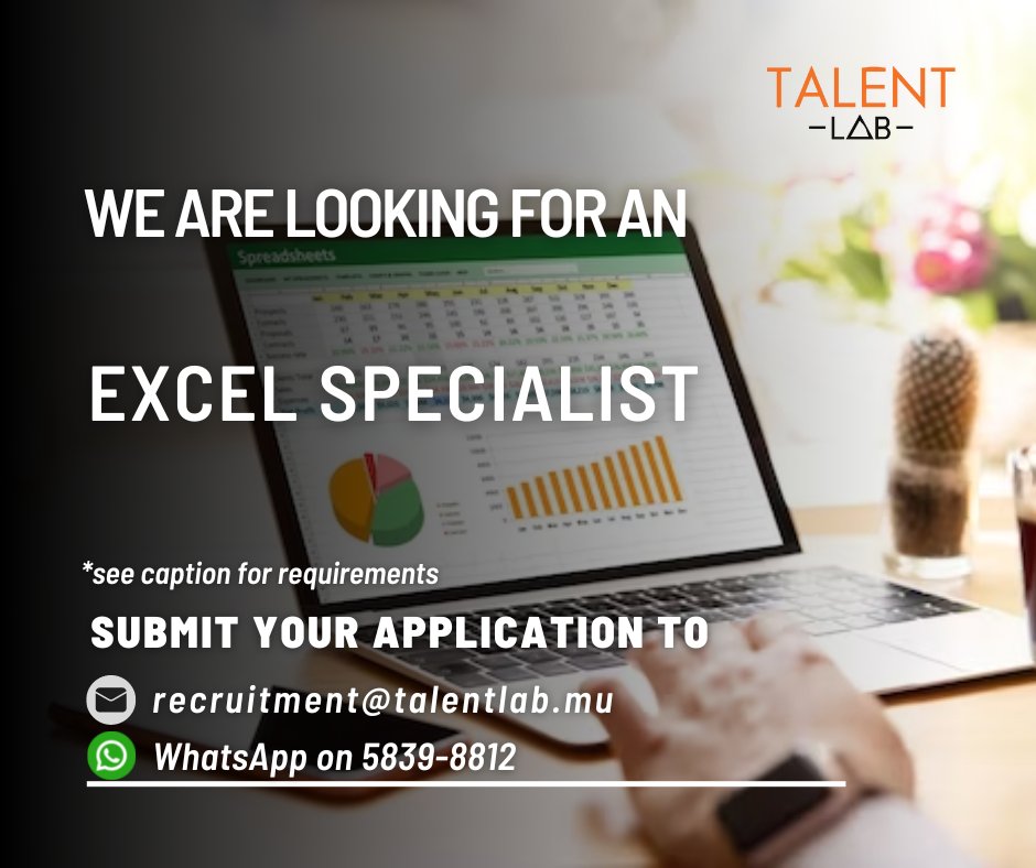 Join our growing team!
Send your CV to recruitment@talentlab.mu
WhatsApp number 5839 8812
#ExcelSpecialist
#ExcelExpert
#ExcelJobs
#SpreadsheetJobs
#DataEntryJobs
#DataAnalyticsJobs
#OfficeJobs
#MicrosoftOfficeJobs
#JobOpening