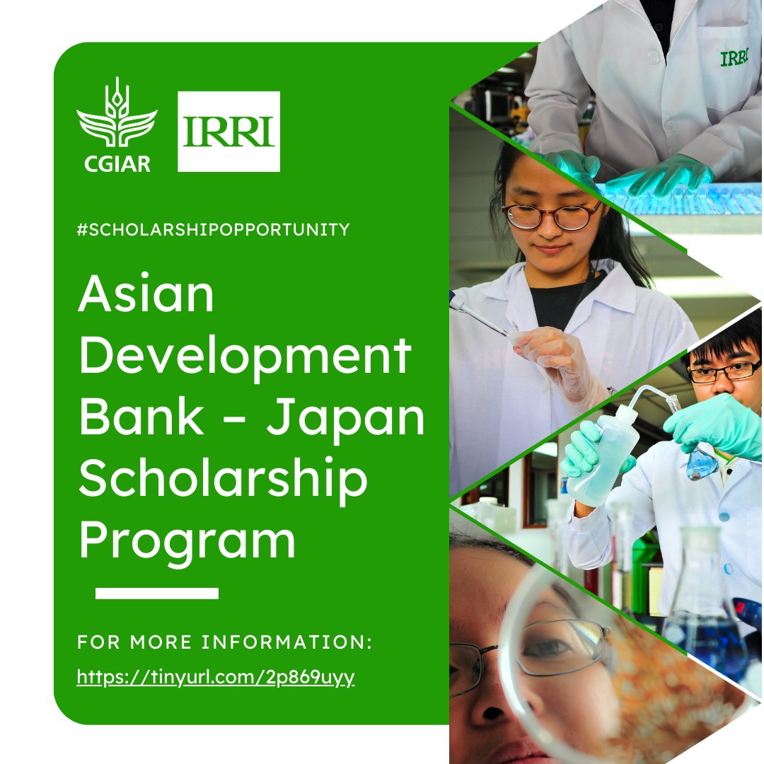 irri's tweet image. Want to pursue your postgraduate degree with IRRI? We are currently accepting applications for the Asian Development Bank -Japan Scholarship Program (ADB-JSP). 

Don&apos;t miss out on this opportunity, applications close on 15 April.

#scholarships #graduateprogram #MSscholarship