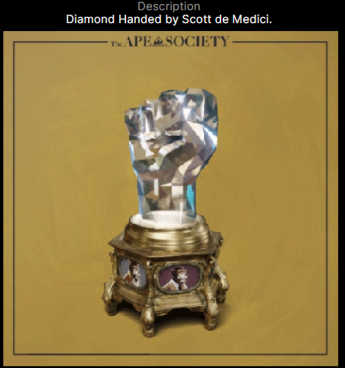 KingVenGucci's tweet photo. Would I sell the Scott de' Medici #NFT from @the_ape_society and throw in his Diamond Hand Trophy for 215k ADA?  Sure I would, but prospective buyers would need to submit 3 Letters of reference and give 3-reasons why you would be a better owner than me. 😆 https://t.co/dzDbLwSv6V