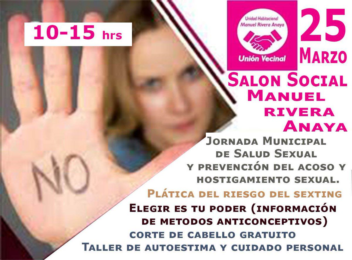 UninVecinal2's tweet photo. ♀️♂️ JORNADA MUNICIPAL DE SALUD SEXUAL Y PREVENCION DEL ACOSO Y DEL HOSTIGAMIENTO SEXUAL

✅✅Sábado 25 de Marzo de 10:00 de la mañana a 3:00 de la tarde. 

✅✅Lugar: Salón social Manuel Rivera Anaya🏡

Los esperamos 🙋🏽‍♀️🙋🏽‍♂️ https://t.co/jNtYOVaiu6