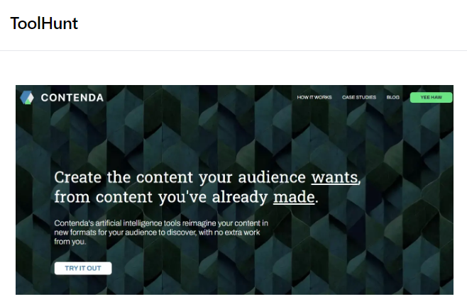 AI Tool 130 👇

🚀 Upgrade your content game with @ContendaCo 
🤖 This AI-powered tool automatically repurposes your existing content to create engaging and relevant content for your audience. No guidance is needed - it's that smart! 🔥 #AI #ContentCreation #EngagingContent