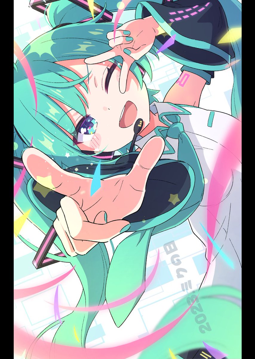 hatsune miku 1girl solo one eye closed twintails necktie detached sleeves long hair  illustration images