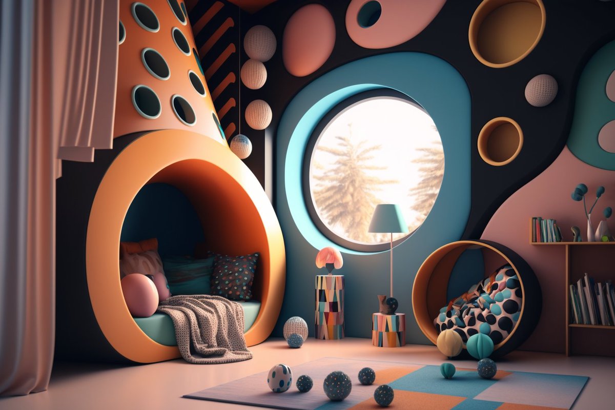 icreatelife's tweet photo. I was inspired by the prompt @LinusEkenstam shared in the interior challange and generated these kids' rooms.  Share your creations with me! 

Prompt: Home design, Kids Room, Interior Design in the style of a geometric, polymorph, Cutest vibe, colorful, magical, whimsical, surreal, fantasy, detailed, complex, polished, 8k, Octane Render, Unreal Engine, Realistic, Abstract --ar 3:2
